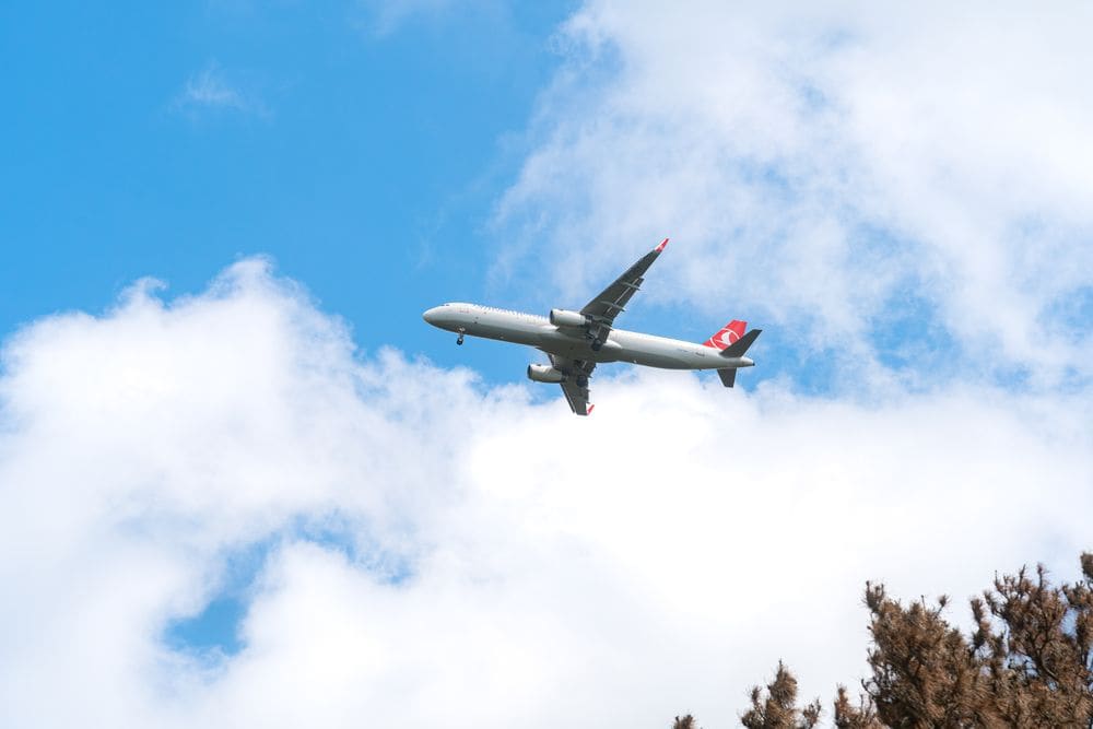 Aeroplane flying through a blue sky